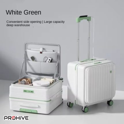 Multifunctional 18 Inch Trolley Case – Sleek White Green Luggage For Modern Travelers